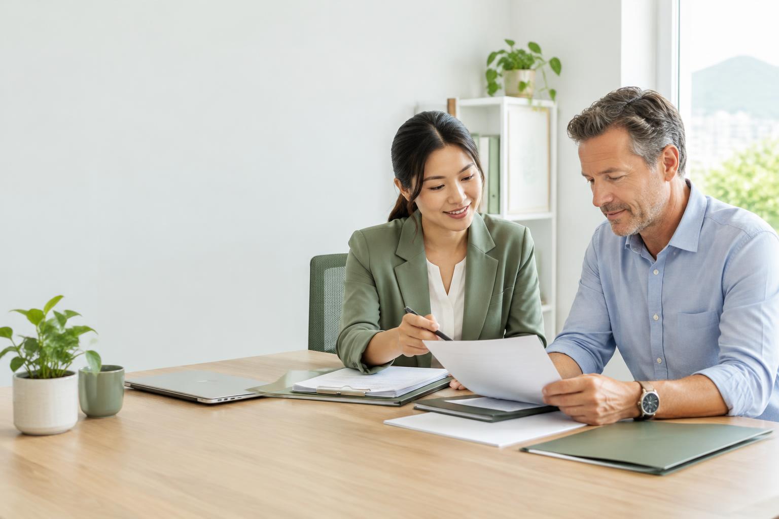 Illustrative photograph of an adviser and client reviewing insurance claim documents