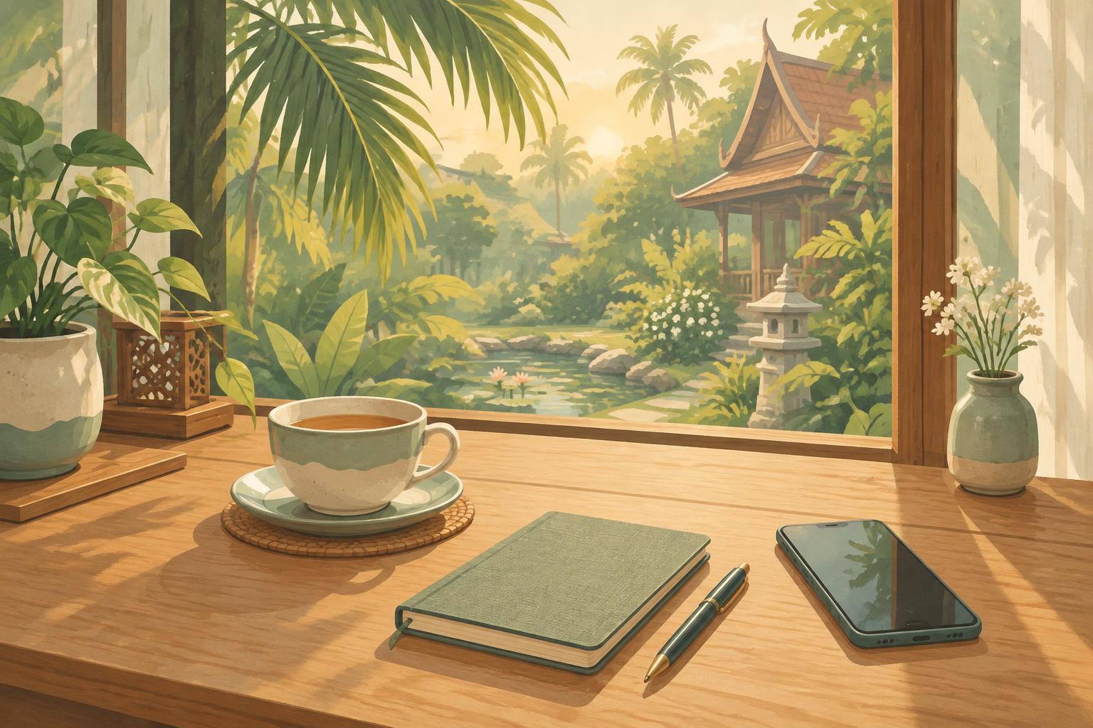 Illustrative painting of a wooden desk by a window holding a cup of tea, a notebook and a smartphone, overlooking a peaceful Thai garden with palm leaves, a pond and a distant temple roof