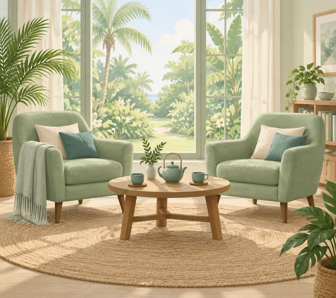 Illustration of two armchairs and a low table with a teapot in a bright room overlooking a tropical garden