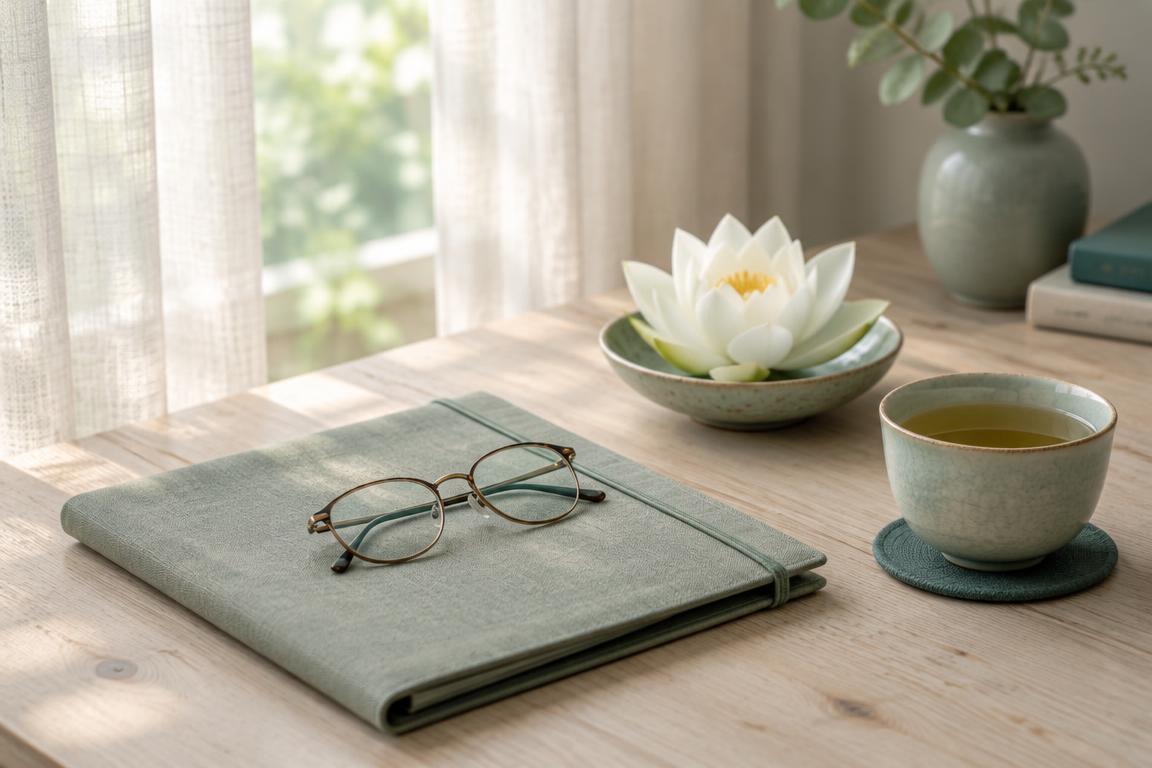 Illustration of a document folder, reading glasses, a white lotus in a small ceramic dish and a cup of tea on a wooden table beside a softly lit window