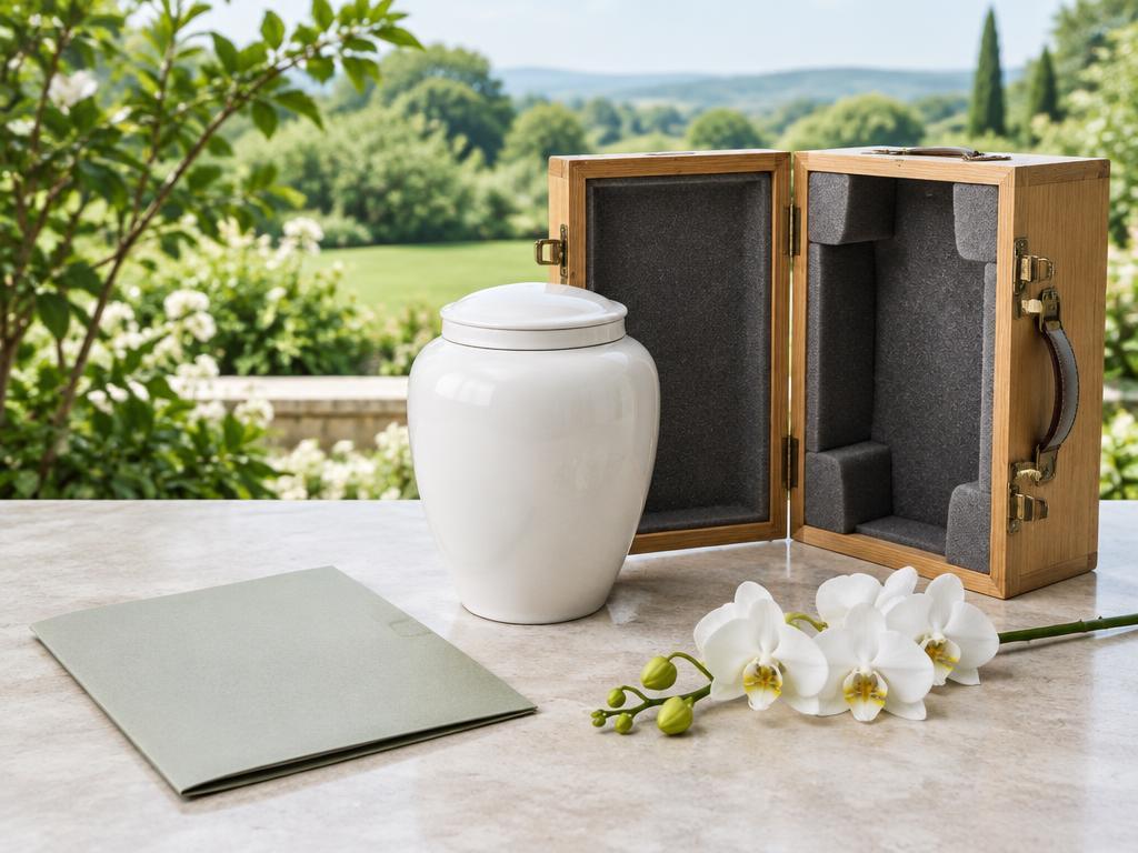 Illustration of a memorial urn and protective case for transport