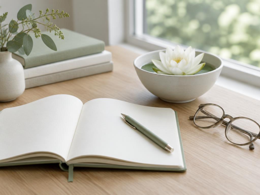 Illustration of an open notebook, a white lotus in a bowl and reading glasses on a desk