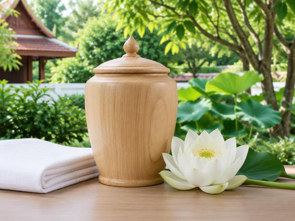 Illustration of a wooden memorial urn with a white lotus