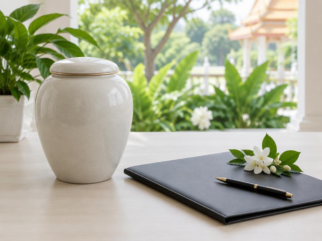Illustration of a memorial urn and document folder