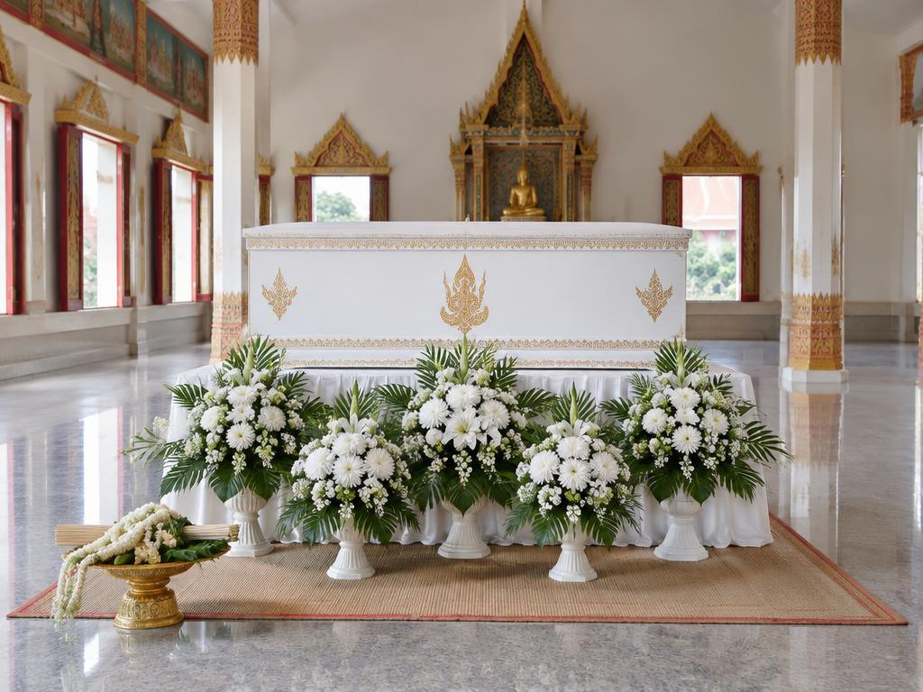 Illustration of a Thai funeral ceremony with floral arrangements