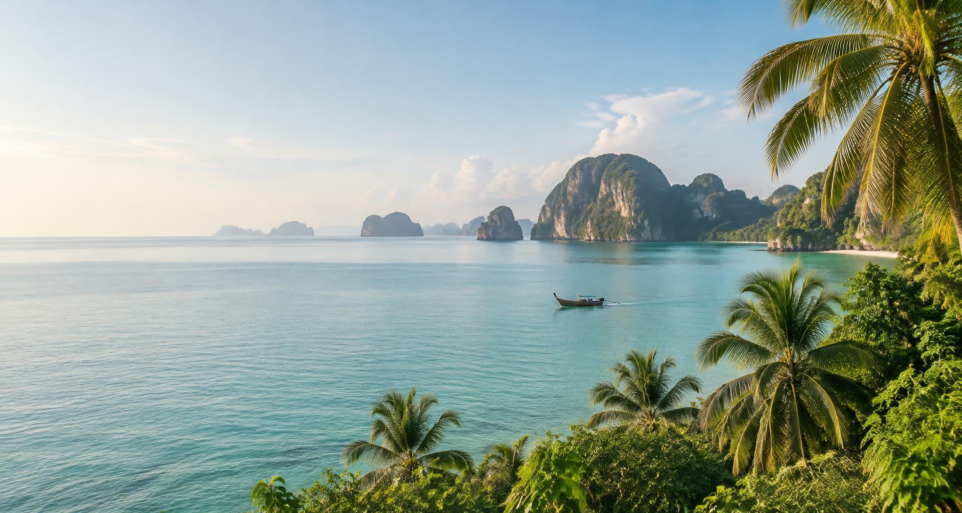 Peaceful turquoise waters and limestone islands on the coast of Thailand