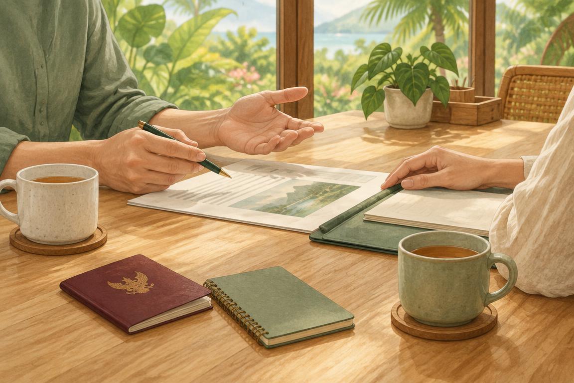 Illustration of an advisory conversation across a wooden table with documents, a passport and mugs of tea