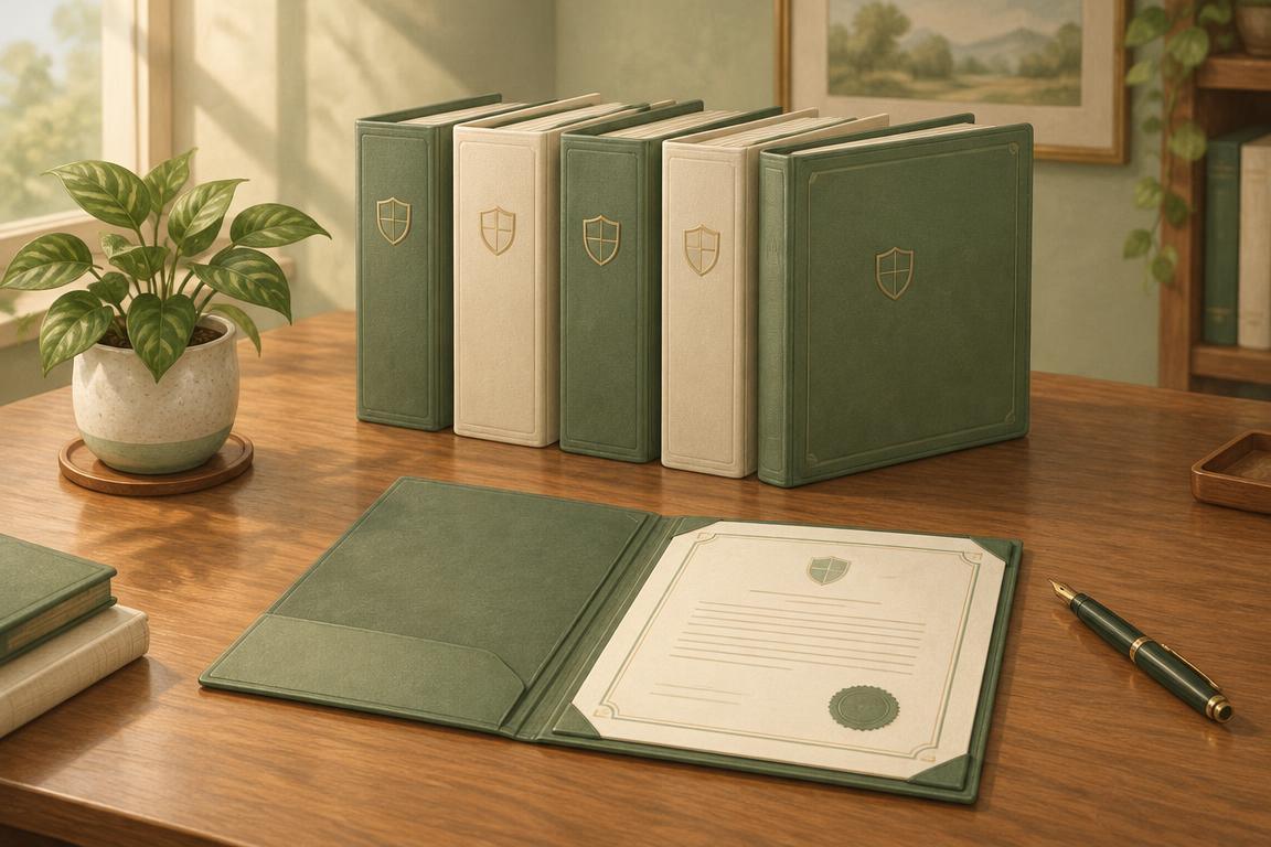 Illustration of insurance policy folders lined up on a wooden desk with an open certificate and a fountain pen