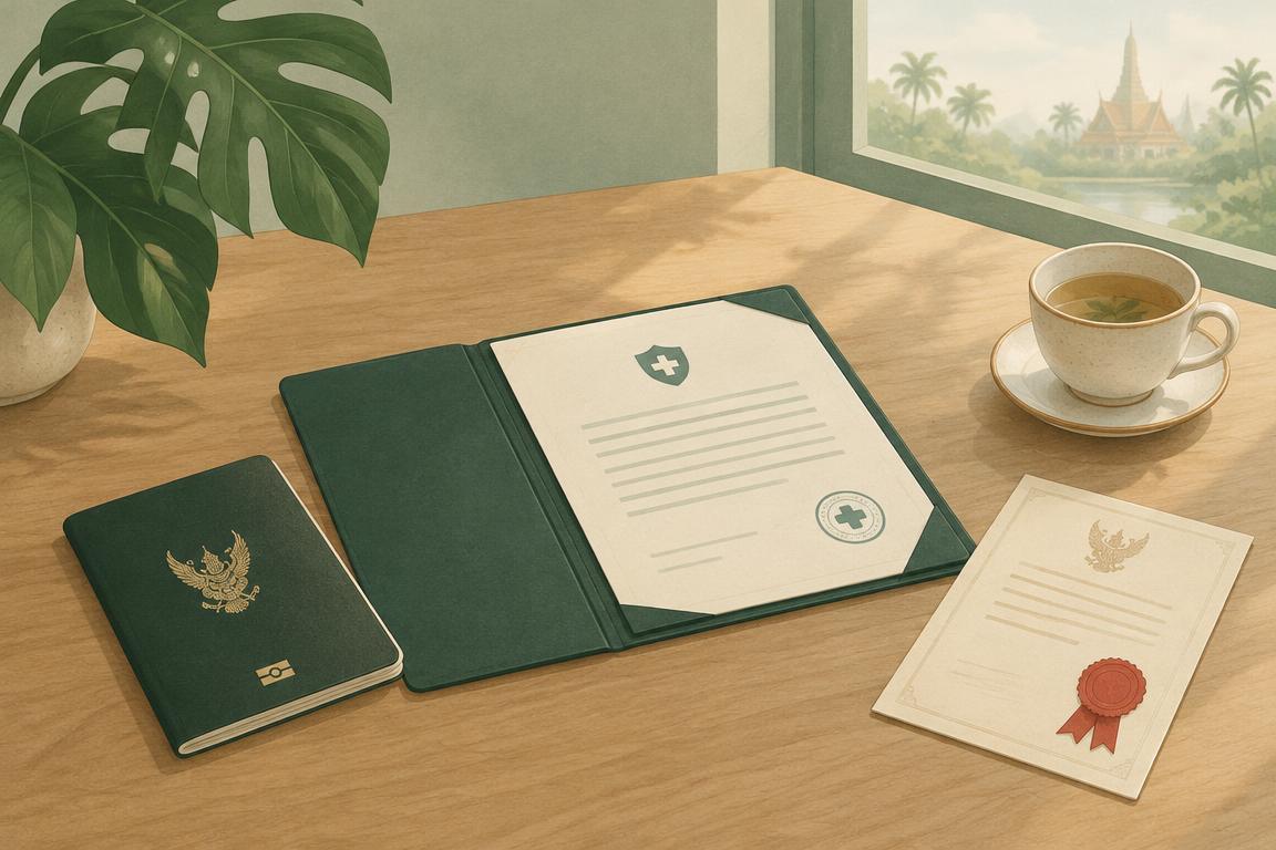 Illustration of a Thai passport, an open health insurance policy folder and an official document with a ribbon seal on a wooden desk beside a window