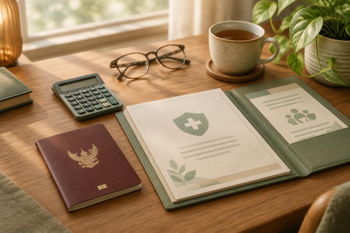 Illustration of a burgundy Thai passport beside an open health insurance policy folder, a calculator, reading glasses, a cup of tea and a small plant on a wooden desk