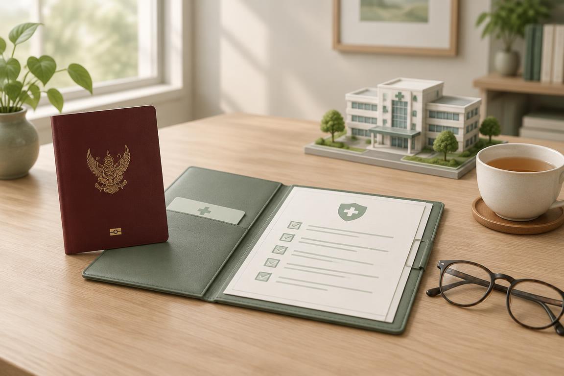 Illustration of a burgundy Thai passport beside an open health insurance policy folder with a checklist, a small model of a hospital building, reading glasses and a cup of tea on a light wooden desk